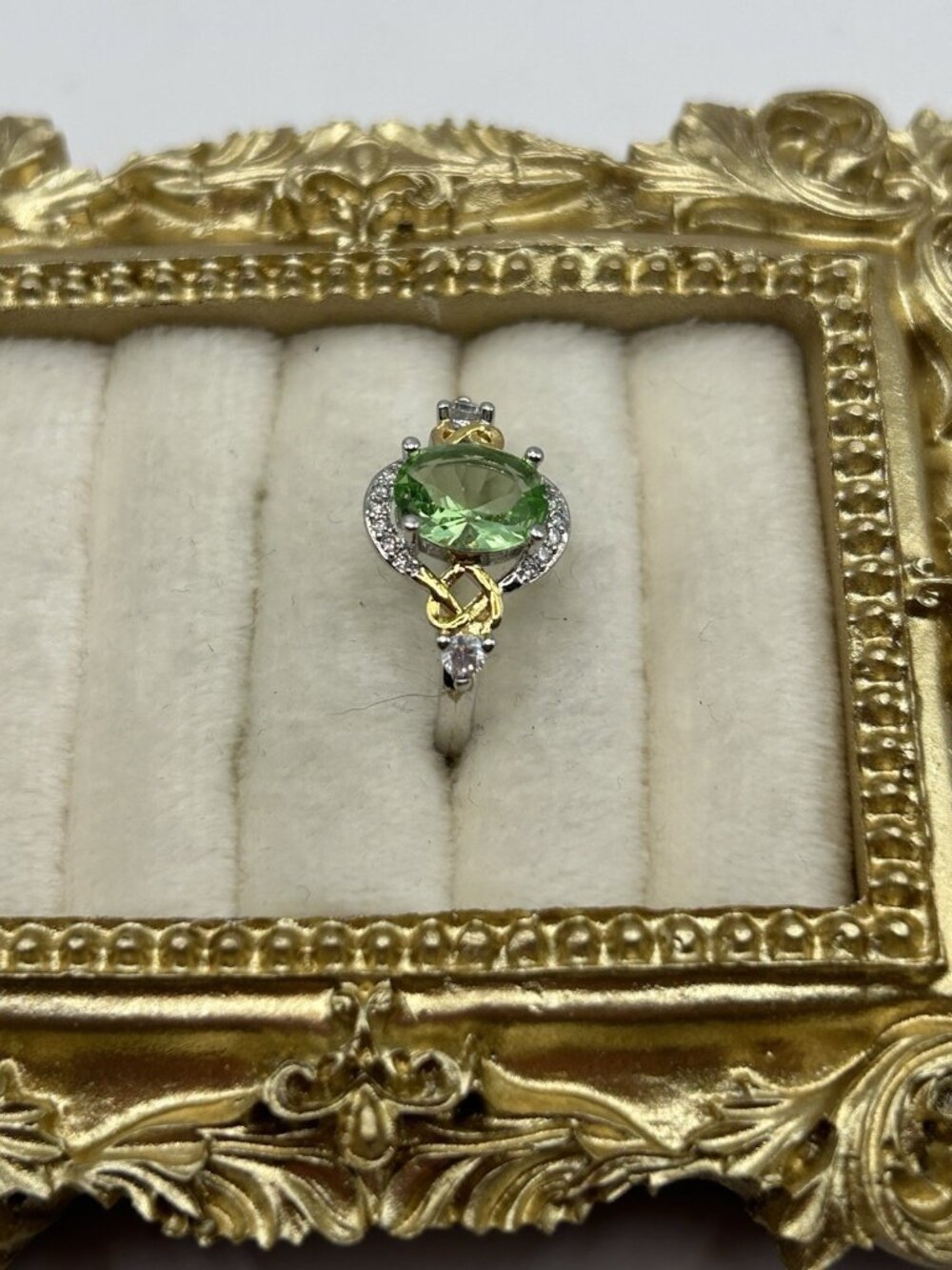 Sterling Silver Ring S925 Green Oval Gemstone w/ Gold Accents & CZ Halo Sz 7 - Picture 7 of 13